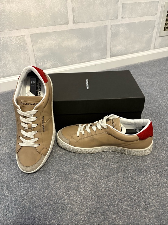 CNC Costume National Other - CNC Costume National Tan Leather Low-Top Sneakers with Red Heel Tab Size 41